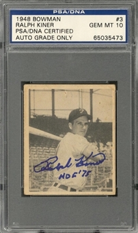 1948 Bowman #3 Ralph Kiner Signed Rookie Card – PSA/DNA GEM MT 10